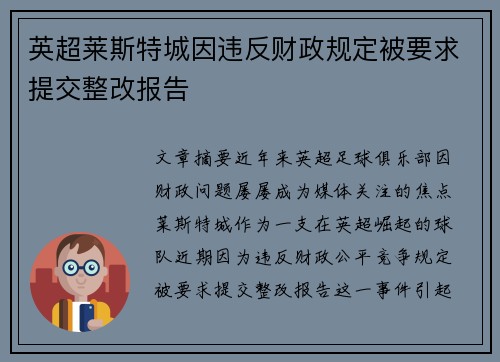 英超莱斯特城因违反财政规定被要求提交整改报告 英超莱斯特城因违反财政规定被要求提交整改报告